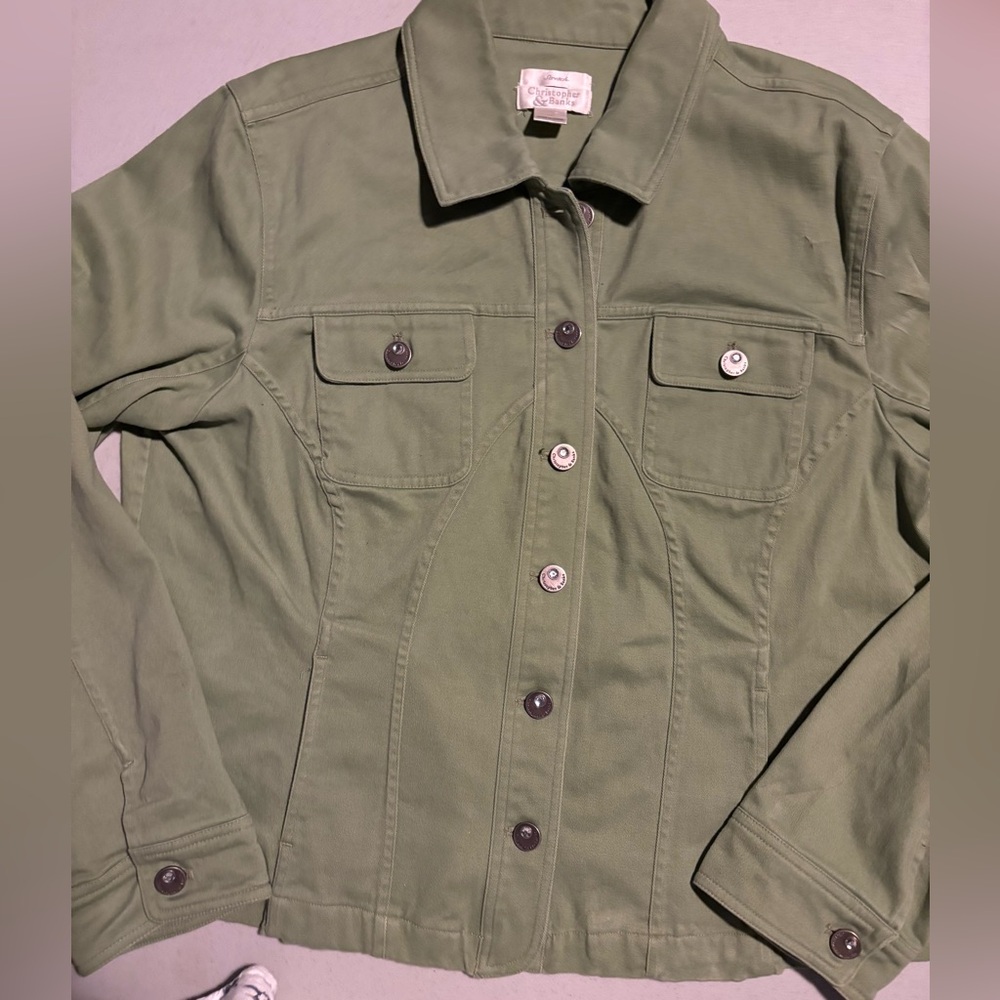Vintage Christopher & Banks Olive Green Stretch Jacket Bling Y2K Buttons XL